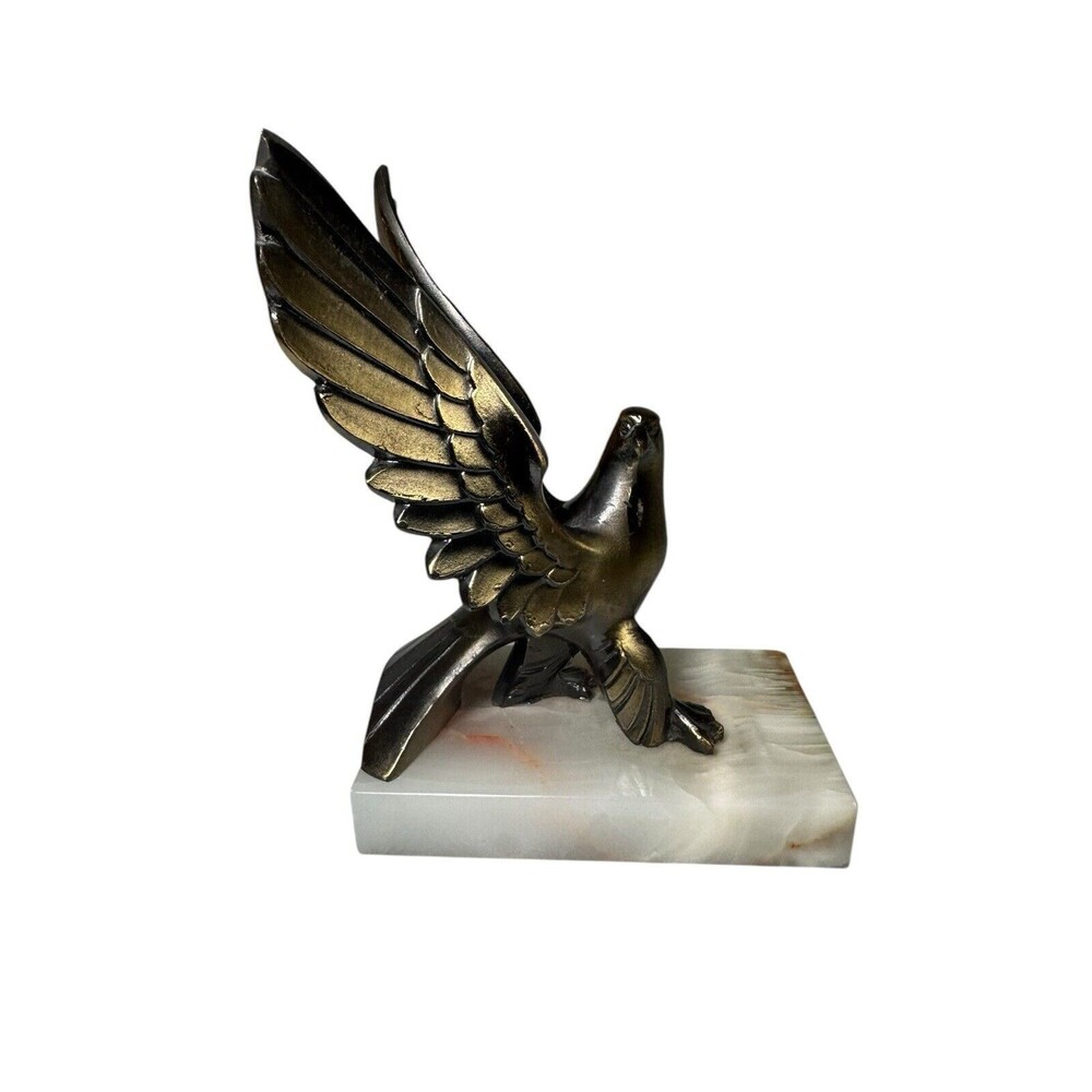 Vintage Solid Brass American Eagle Statue with Spread Wings on Marble Base